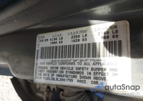 1990 Saab 9000 z USA, uszkodzony, nr VIN YS3CL58L8L2001799